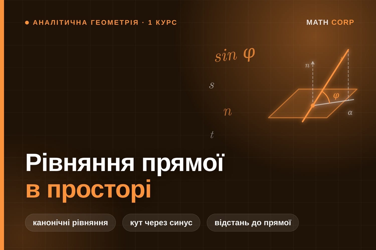 Рівняння прямої в просторі. Кут між прямою і площиною шукають через синус, а не косинус