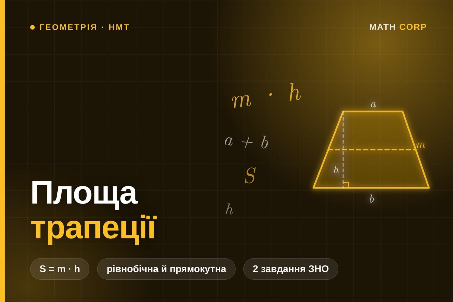 Площа трапеції дорівнює добутку середньої лінії на висоту. Окремо про рівнобічну й прямокутну трапецію